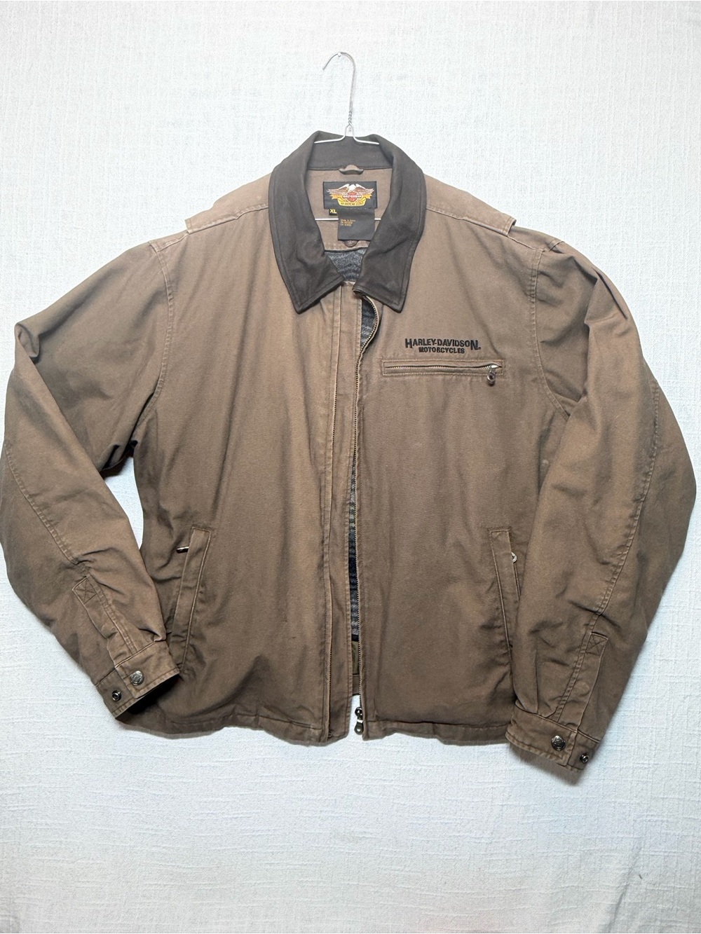 Harley-Davidson Men's Brown Canvas Jacket with Contrast Collar Size XL